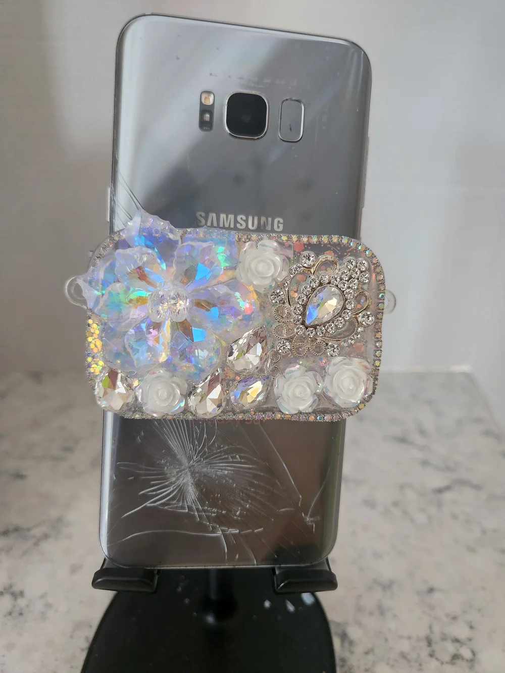 Blue Crystal Floral Phone Clip